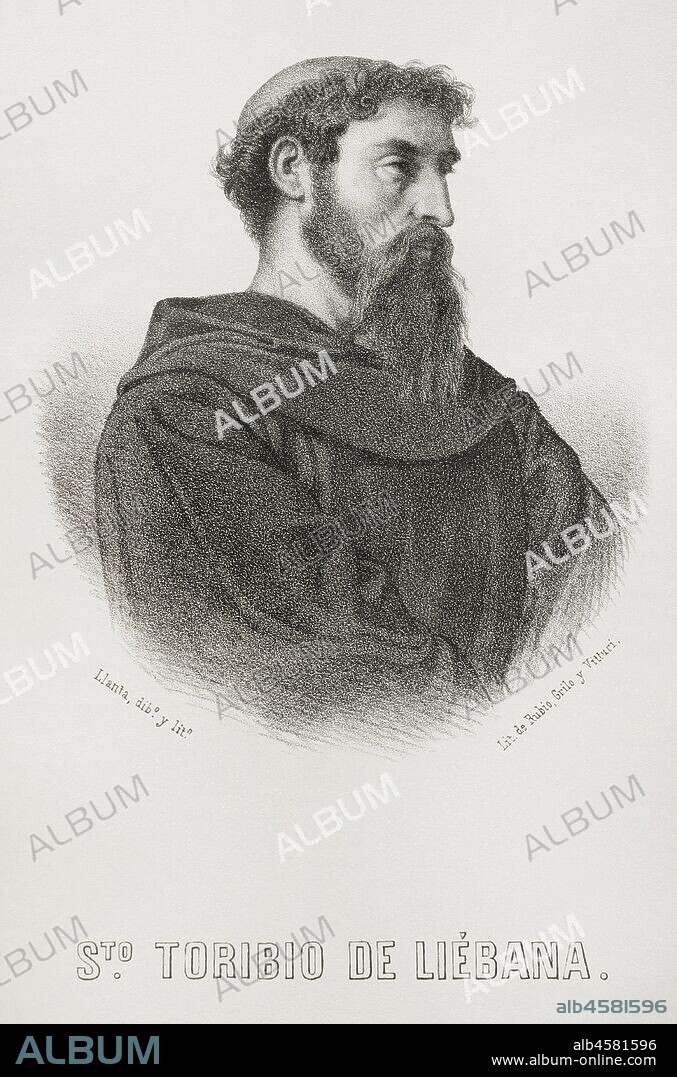 St. Turibius of Astorga (402 ? -476) also called Toribio of LiŽbana. Spanish catholic religious, bishop of Astorga. Illustration by Llanta. Portrait. Lithography. Cr—nica General de Espa–a, Historia Ilustrada y Descriptiva de sus Provincias. Castilla-La Vieja, 1870.