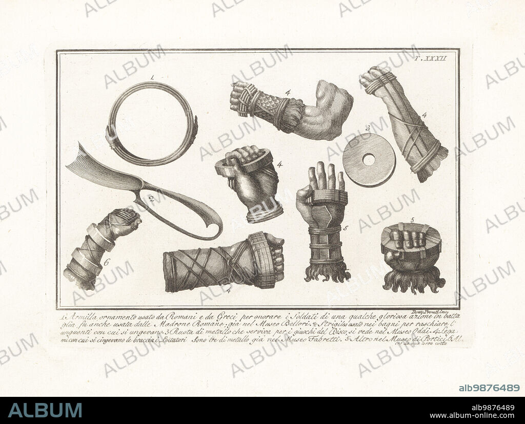 Bracelet used by Roman and Greek military from the museum of Giovanni Pietro Bellori 1, strigil or bath scraper 2, metal discus in the Museo Oddi 3, and cestus bindings with metal knuckledusters used by lottatore or fighters from the Museo Fabretti 4 and Museo di Portici 5. Copperplate engraving by Domenico Pronti from his own New Collection Representing Religious, Civil and Military Costumes of the Ancient Egyptians, Etruscans, Greeks and Romans, Nuova Raccolta Rappresentante I Costumi Religiosi Civili e Militari, Rome, 1805.