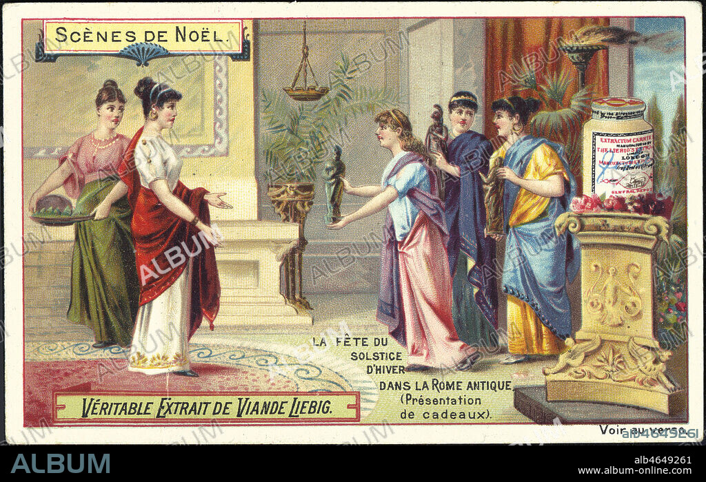 ' La fete du solstice d'hiver dans la Rome antique , presentation de cadeaux ' Pendant les Libertas Decembris, durant du 17 au 24 decembre, on trouve les Saturnales mais aussi la fete des Sigillaires, ou l'on echange des cadeaux et on decore la maison de plantes vertes. Chromo publicitaire, serie Liebig. Credit Kharbine Tapabor.