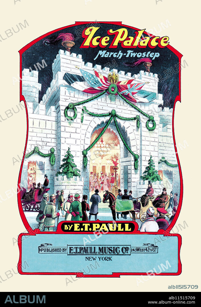 E. T. PAULL. Edward Taylor Paull (1858 - 1924) was a prolific publisher of sheet music marches.  His songs gained acclaim more from the cover art of the sheet music than often from the lyrics and tune.  The inspiration fro this music was an actual event where water froze inside Mr. Paull's house causing massive damage, only to be discovered upon his return from a business trip.  This is the second cover design showing the ice palace as a castle and not a destroyer room.