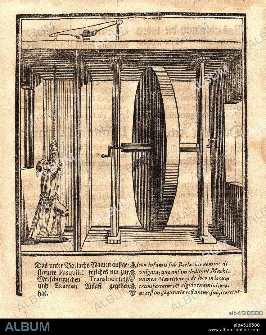 Perpetual motion, Illustration of a perpetual movement from the 18th century, Fig. 5, p. 115, 1719, Johann Ernst Elias Bessler: Das triumphirende perpetuum mobile Orffyreanum an alle Potentaten, hohe Häupter, Regenten und Stände der Welt [...]. Cassel: typis Cassellanis exscriptum; sumptibus ipsius inventoris, 1719.