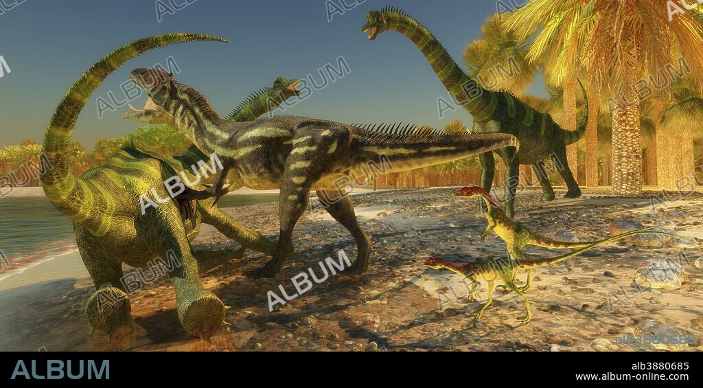 Two Compsognathus wait as an Allosaurus dinosaur brings down a huge Brachiosaurus on the beach.