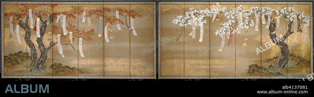 Flowering Cherry and Autumn Maples with Poem Slips. Tosa Mitsuoki; Japanese, 1617-1691. Date: 1649-1686. Dimensions: Each 144 x 286 cm. Pair of six-panel screens; ink, color, gold and silver on silk. Origin: Japan.