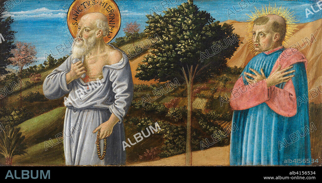 Benozzo Gozzoli (Florence, ca. 1420/22 -Pistoia, 1497). Saint Jerome and the blessed Bartolo Buompedoni of San Gimignano (ca. 1464 - 1467). Tempera and gold on panel. 22.3 x 43.5 cm.