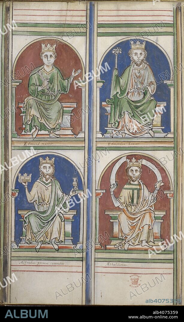 MATTHEW PARIS. Four Saxon kings: above, Edmund the Martyr and Edward the Elder; below, Alfred and Athelstan. Abbreviatio chronicorum Angliae. England (St Albans), 1250-1259. Source: Cotton Claudius D. VI, f.7v.