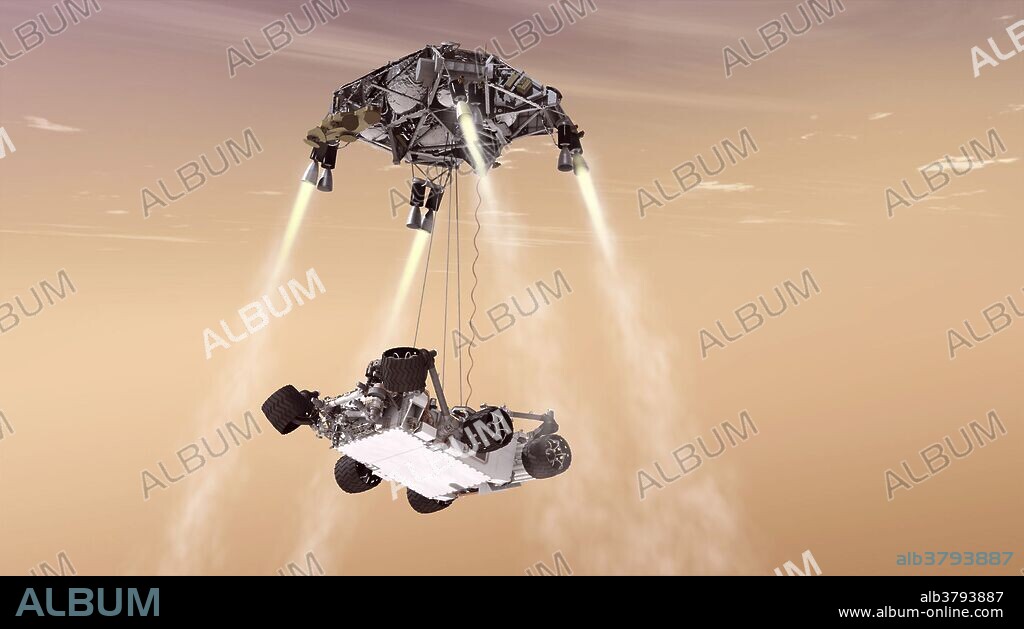 This artist's concept shows the sky crane maneuver during the descent of NASA's Curiosity rover to the Martian surface. The entry, descent, and landing (EDL) phase of the Mars Science Laboratory mission begins when the spacecraft reaches the Martian atmosphere, about 81 miles (131 kilometers) above the surface of the Gale crater landing area, and ends with the rover Curiosity safe and sound on the surface of Mars. Instead of the familiar airbag landing systems of past Mars missions, Mars Science Laboratory will use a guided entry and a sky crane touchdown system to land the massive rover.