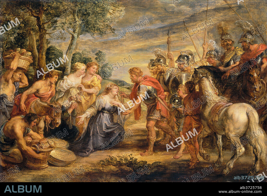 PETER PAUL RUBENS. The Meeting of David and Abigail. Dated: c. 1630. Dimensions: overall (without added strip): 44.7 x 66.3 cm (17 5/8 x 26 1/8 in.)  overall (with added strip): 46.4 x 68 cm (18 1/4 x 26 3/4 in.)  framed: 67 x 88.3 x 7.9 cm (26 3/8 x 34 3/4 x 3 1/8 in.). Medium: oil on panel.
