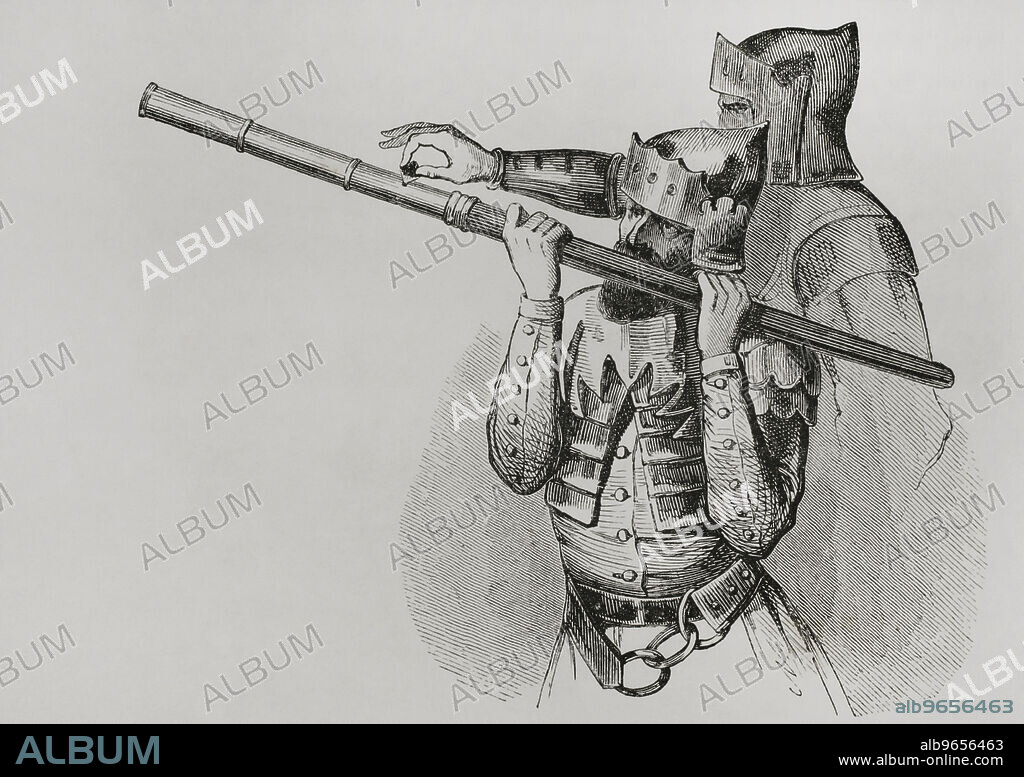 Hand cannon. Engraving from a tapestry in the Church of Notre-Dame de Nantilly in Saumur (France). 15th century. "Les Arts au Moyen Age et a l'Epoque de la Renaissance", by Paul Lacroix. Paris, 1877.