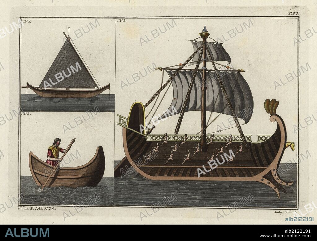 Egyptian vessel (1), Phoenician transport boat (2), and cross section of Phoenician vessel showing galley slaves rowing (3). Handcolored copperplate engraving from Robert von Spalart's "Historical Picture of the Costumes of the Principal People of Antiquity and of the Middle Ages," Metz, 1810.