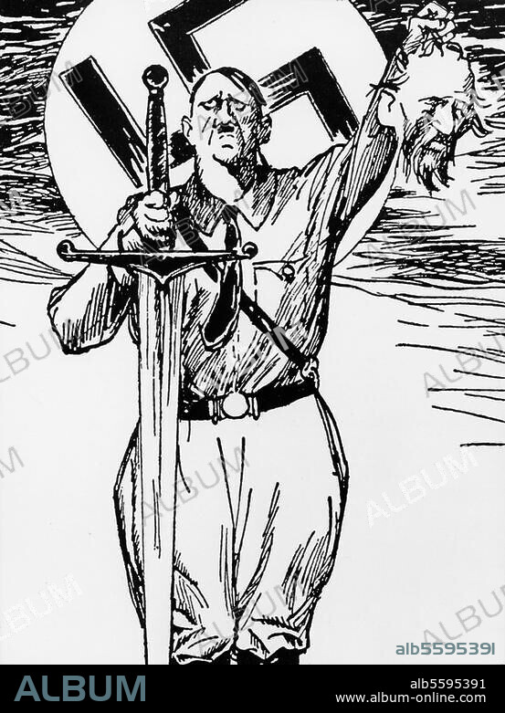 ANONYMOUS. Hitler, Adolf Dictator (NSDAP). 1889-1945. - "La premiere victoire" (The first victory.) - (Caricature: Hitler as hangman with the head of a decapitated Jew.). From: Candide, Paris, summer 1933.