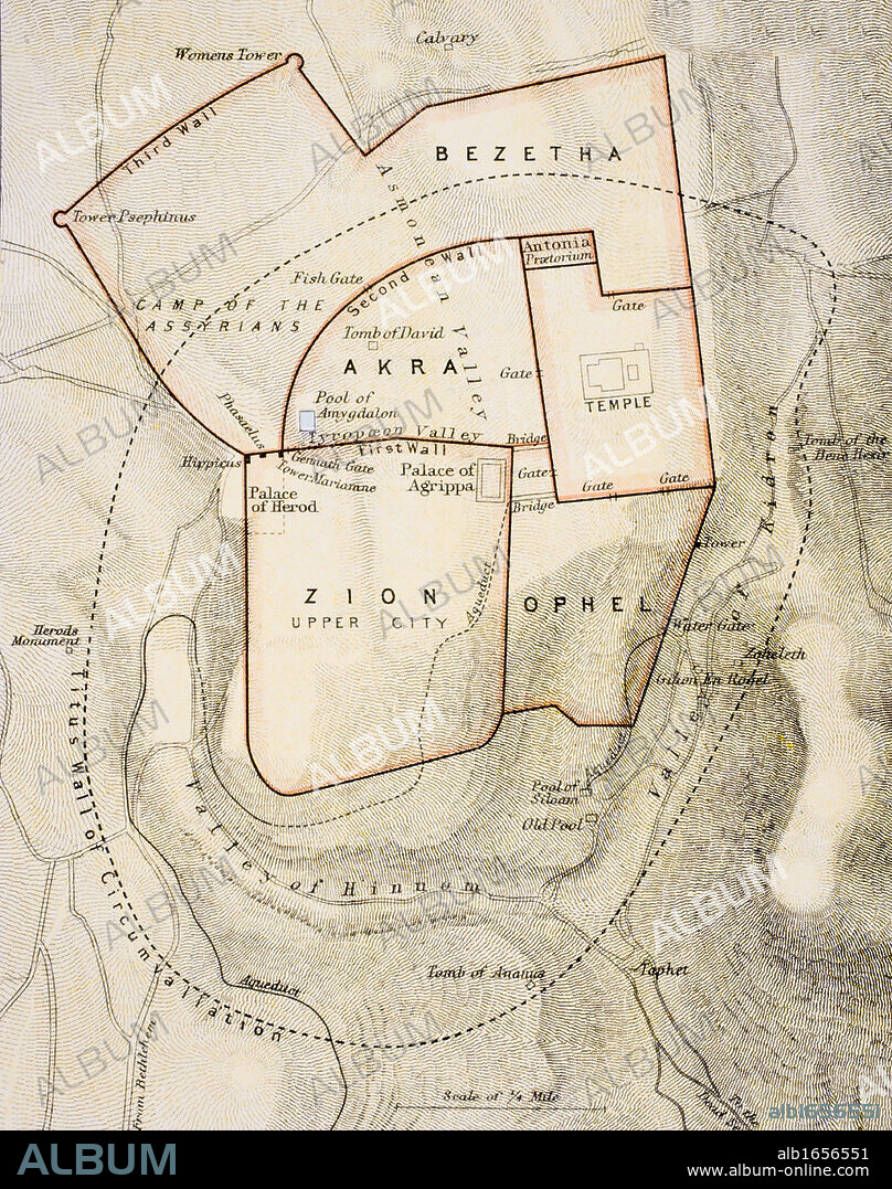 City map of ancient Jerusalem From The Citizen's Atlas of the World published London circa 1899.