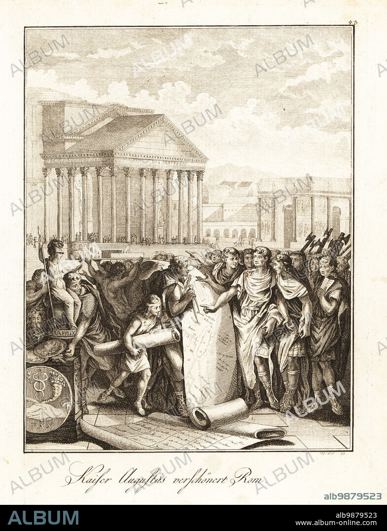 First Roman Emperor Caesar Augustus or Octavian overseeing the building of Rome, AD 14. He built the Campus Martius, Ara Pacis, Temple of Caesar, Baths of Agrippa, Forum of Augustus, Temple of Mars Ultor, etc. Auguste s'occupe des embellissemens de Rome. Copperplate engraving by David Weis after a design by Gabriel de St. Aubin from Professor Joseph Rudolf Zappes Gemalde aus der romischen Geschichte, Pictures of Roman History, Joseph Schalbacher, Vienna, 1800. German edition of Abbe Claude Francois Xavier Millots Abrege de lHistoire Romaine.
