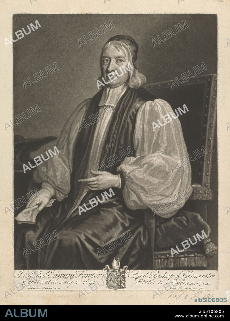 Reverend Edward Fowler, Lord Bishop of Gloucester, John Smith, 16521743, British, after Sir Godfrey Kneller, 16461723, German, active in Britain (from 1676), 1717, Mezzotint on moderately thick, moderately textured, cream, laid paper, Sheet: 15 1/16 × 11 9/16 inches (38.3 × 29.4 cm), Plate: 13 3/8 × 10 inches (34 × 25.4 cm), and Image: 12 7/16 × 9 7/8 inches (31.6 × 25.1 cm), cap, chair, coat of arms, man, portrait, religious and mythological subject, tippet.