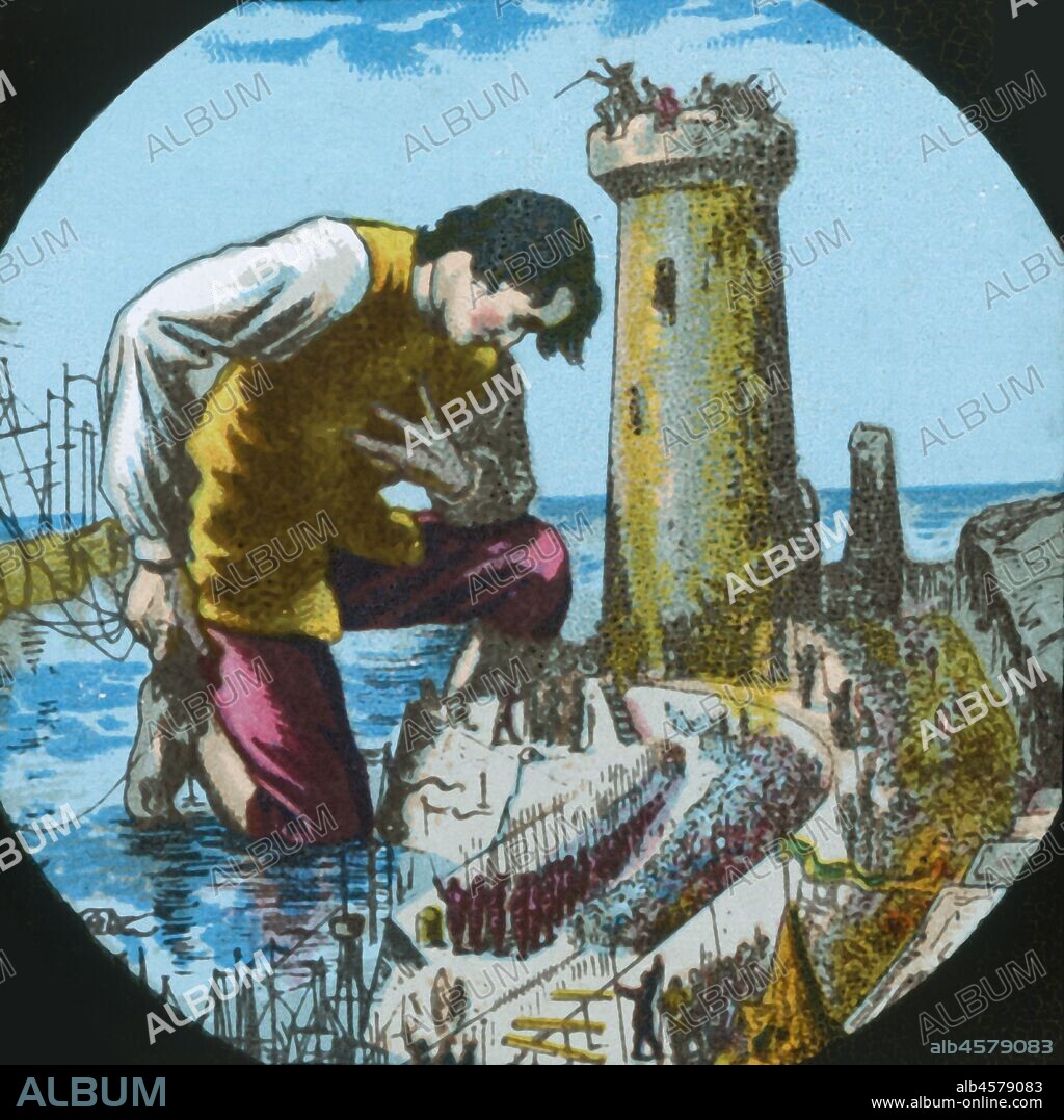 Gulliver is thanked by the emperor of Lilliput after capturing the Blefuscudians' ships, lantern slide, late 19th century. 'The emperor and his whole court stood on the shore...This great prince received me at my landing with all possible encomiums, and created me a nardac upon the spot, which is the highest title of honour among them'. A scene from "Gulliver's Travels" by Jonathan Swift, first published in 1726. One of a series of 12 'Superior Lithographic Coloured Lantern Slides...with Lecture complete', made in England c1870-1900.