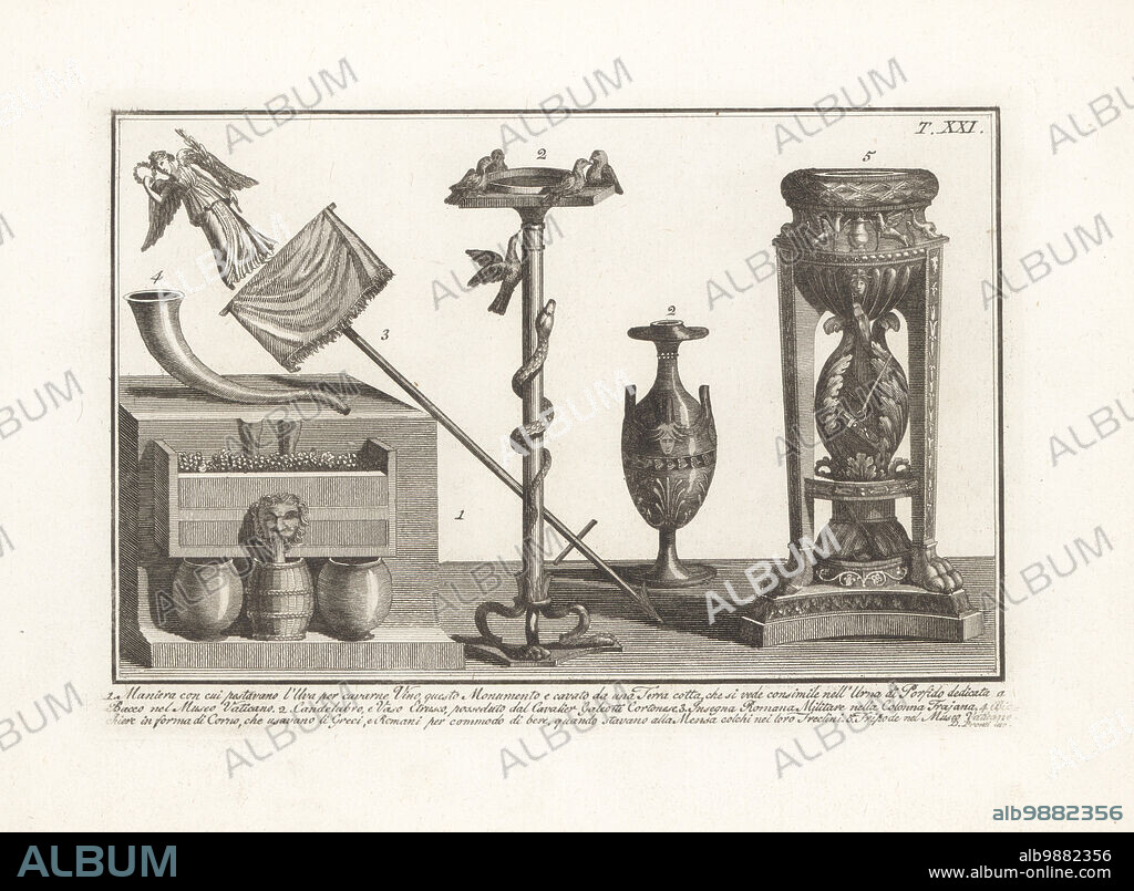 Terracotta showing the method of treading grapes for wine-making 1, Etruscan vase and candelabra with birds and snake 2, Roman military standard or signum from Trajan's Column 3, glass in the shape of a horn used by the Greeks and Romans 4, and tripod from the Vatican Museum 5. Copperplate engraving by Domenico Pronti from his own New Collection Representing Religious, Civil and Military Costumes of the Ancient Egyptians, Etruscans, Greeks and Romans, Nuova Raccolta Rappresentante I Costumi Religiosi Civili e Militari, Rome, 1805.
