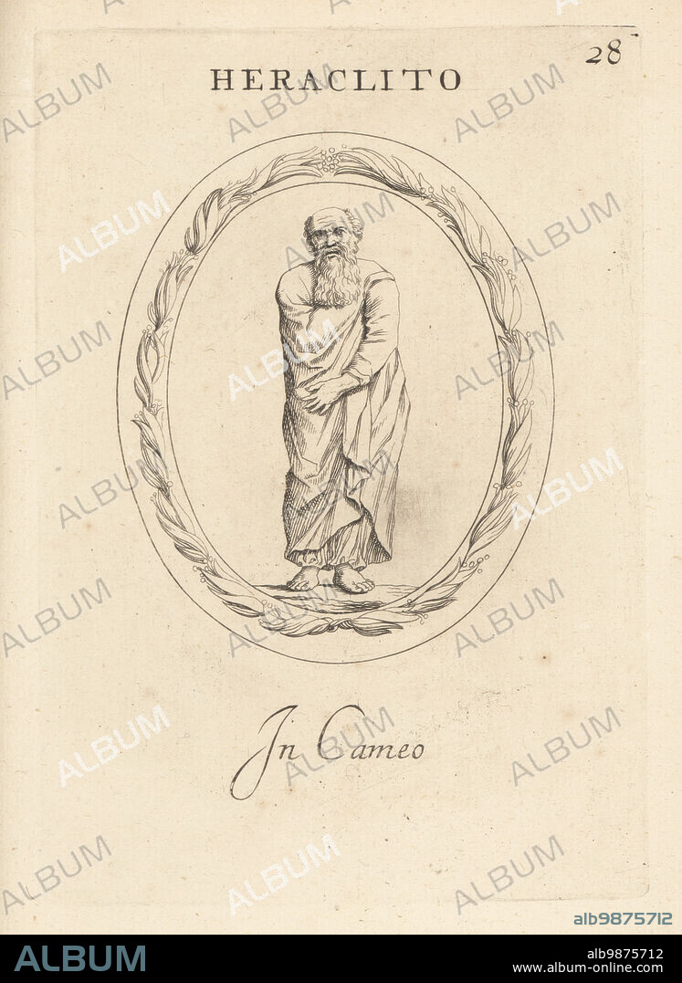 Heraclitus of Ephesus, ancient Greek pre-Socratic philosopher from the city of Ephesus, fl. c.500 BC. Bearded man in long robe. Heraclito in cameo. Copperplate engraving by Giovanni Battista Galestruzzi after Leonardo Agostini from Gemmae et Sculpturae Antiquae Depicti ab Leonardo Augustino Senesi, Abraham Blooteling, Amsterdam, 1685.