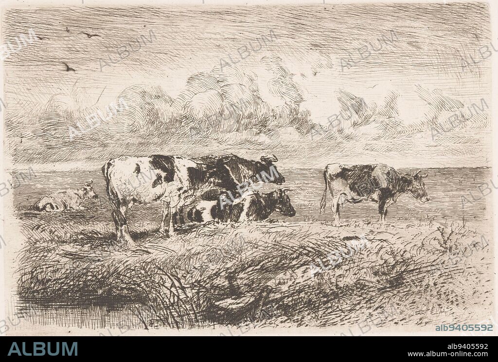 Cows in the pasture, Albert Heinrich Brendel, 1885, print maker: Albert Heinrich Brendel, (mentioned on object), publisher: Weimarer Radierverein, Weimar, 1885, paper, etching, h 176 mm × w 256 mm.