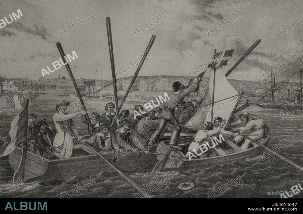 Gran hazaña francesa en el puerto de Malta (8 de septiembre de 1844). Escena inspirada en una riña entre marineros franceses y jóvenes malteses que tuvo ligar en el Gran Puerto. Litografía por Charles Frederick de Brocktorff (1782-1850). Museo Nacional de Bellas Artes. La Valeta. Malta.