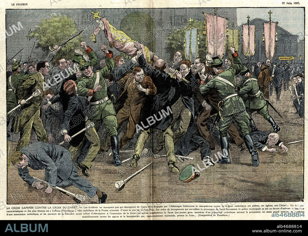 'La croix gammee contre la croix du Christ' : a Heilsberg, ville catholique de Prusse, bagarre lors d'une fete religieuse. Illustration de Eugene DAMBLANS (1865-1945) pour Le Pelerin du 27 juin 1937. Credit : Collection KHARBINE-TAPABOR.