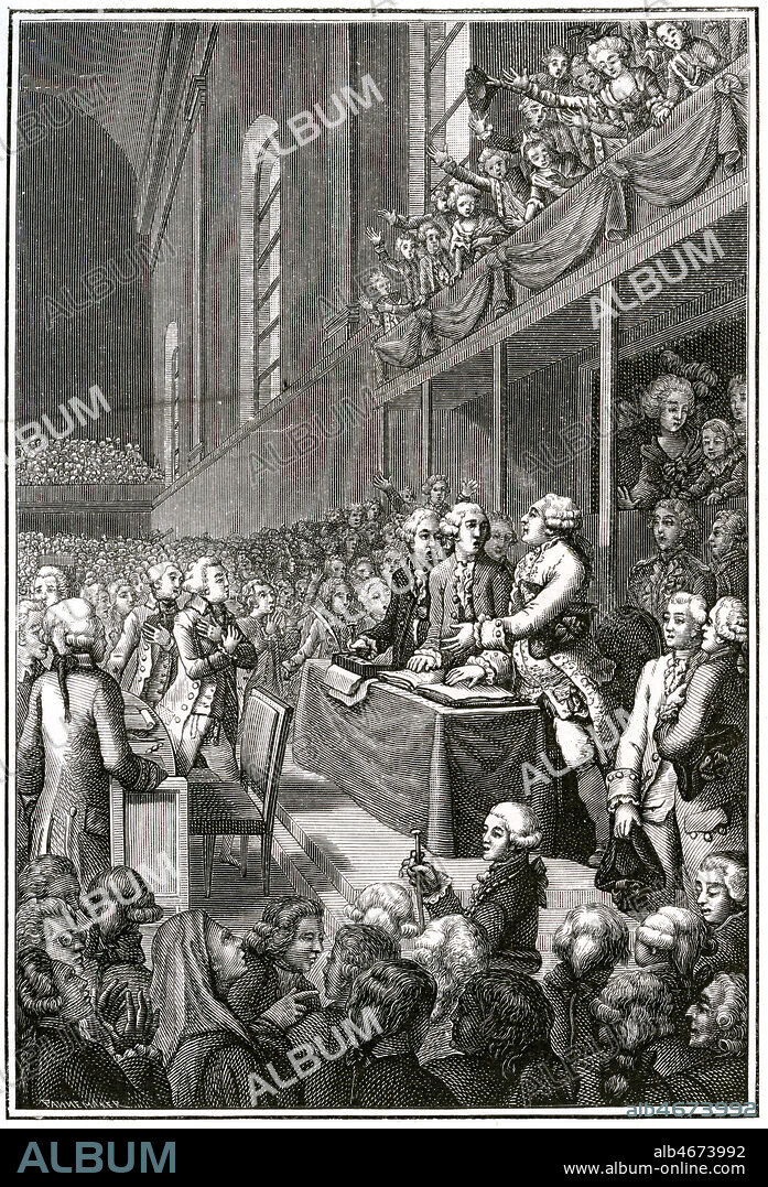 Discours de Louis XVI le 4 fevrier 1790. Le roi rappelle tout ce qu'il a fait pour la reforme des abus et le bien du peuple; il promet de maintenir la liberte constitutionnelle, il invite a la concorde qui peut seule assurer le succes des travaux de l'Assemblee. Apres son depart tous les deputes prononcent a la tribune le serment civique. Gravure in La Revolution, 1883. Credit Collection Kharbine Tapabor.