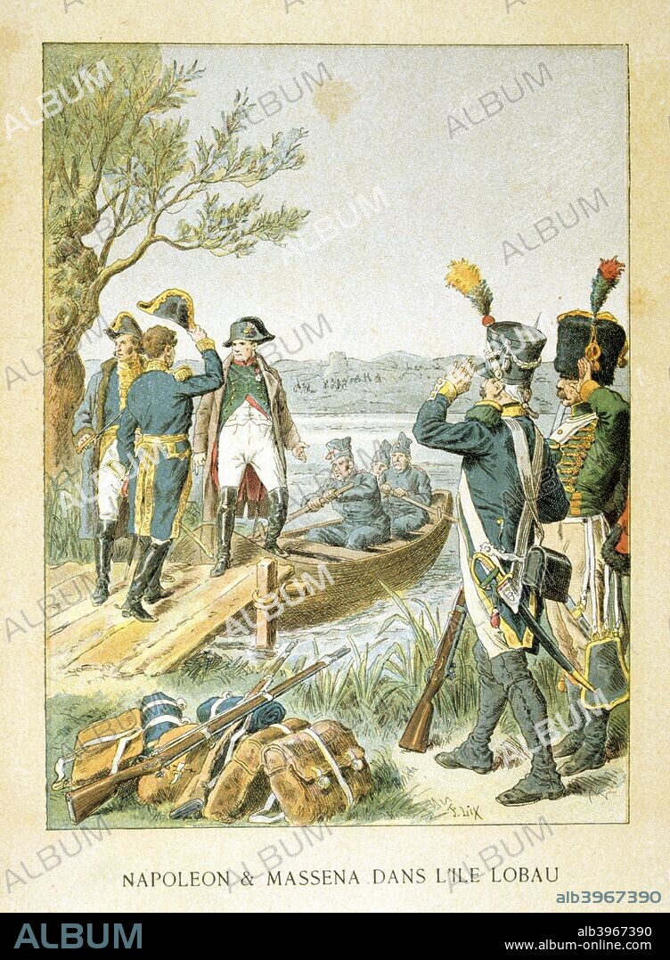 'Napoleon and Massena on the Island of Lobau', May 1809, (19th century). Moving across the Danube, Napoleon Bonaparte (1769-1821) ensured his base, Lobau Island, was well fortified and linked to the south bank of the river by three guarded spans. A pontoon bridge was used to bridge the river to the enemy-held north bank. Under Austrian attack, reinforcements under Marshal Andre Massena (Prince de Essling, Duc de Rivoli, 1758-1817) and artillery fire support from the grand batteries on Lobau stemmed the Austrian advance and then the battle swung France's way with Marshal Davout pushing back the Austrian left wing.