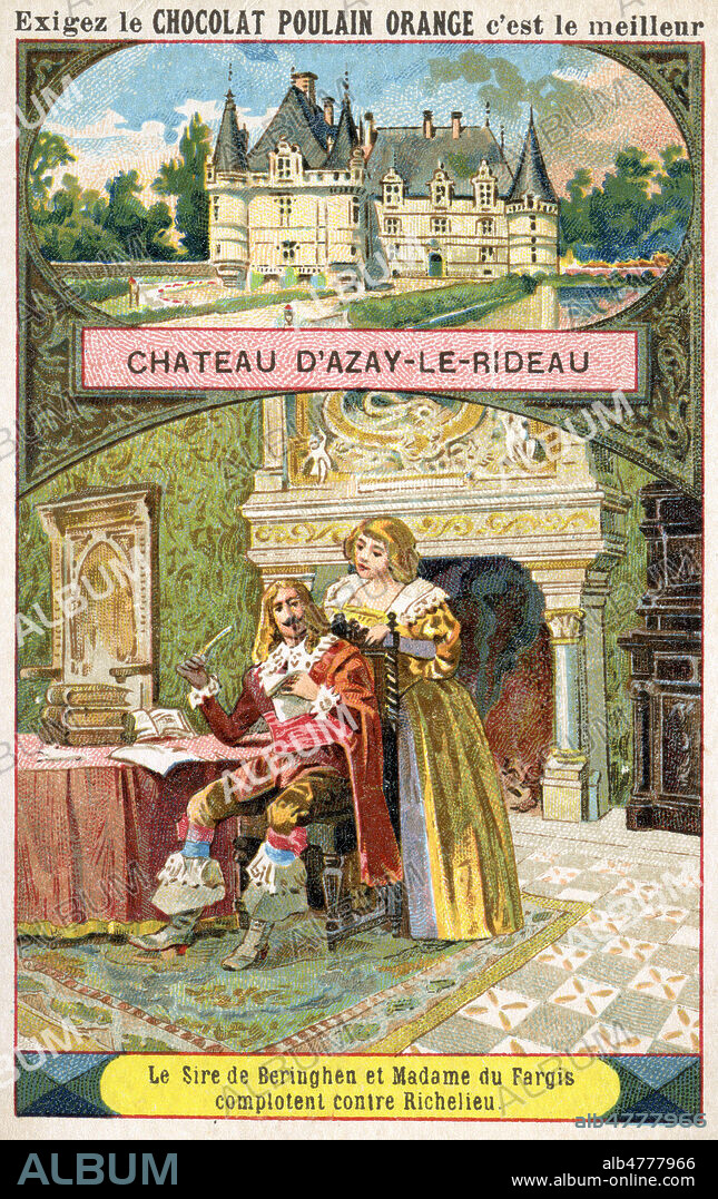 'Chateau d'Azay-le-Rideau. Le Sire de Beringhen et Madame du Fargis complotent contre Richelieu'. Illustration anonyme pour un chromo vers 1905. Credit : Collection IM/KHARBINE-TAPABOR.