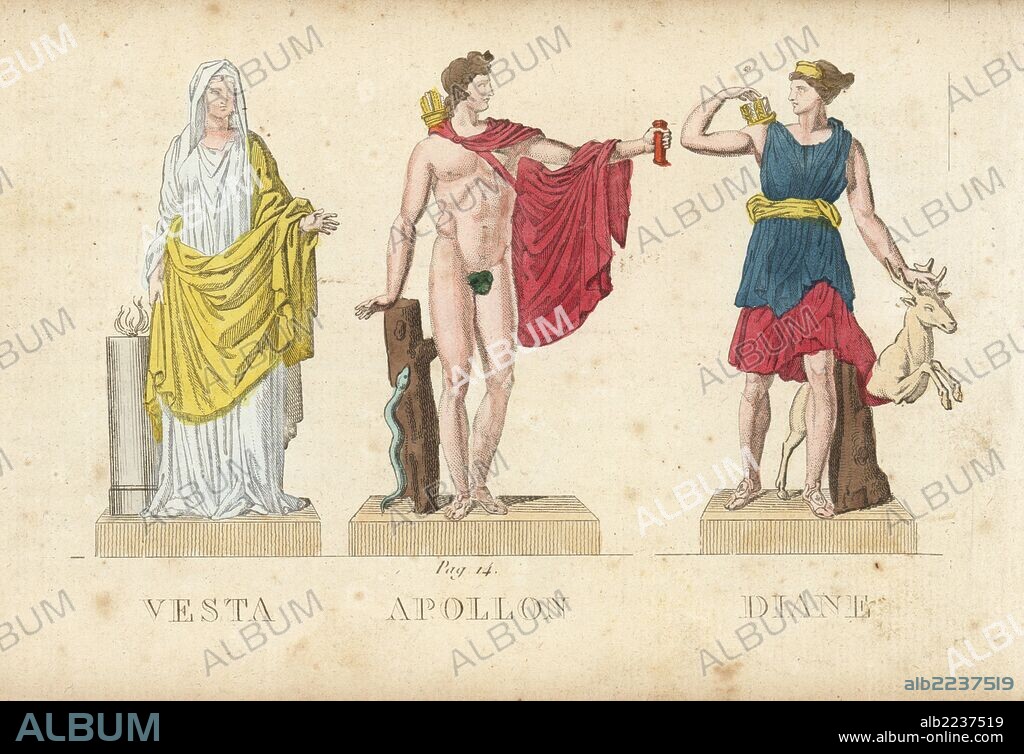 Vesta, Apollo and Diana, Roman god and goddesses of the hearth, poetry and music, and the hunt. Handcoloured copperplate engraving engraved by Jacques Louis Constant Lacerf after illustrations by Leonard Defraine from "La Mythologie en Estampes" (Mythology in Prints, or Figures of Fabled Gods), Chez P. Blanchard, Paris, c.1820.