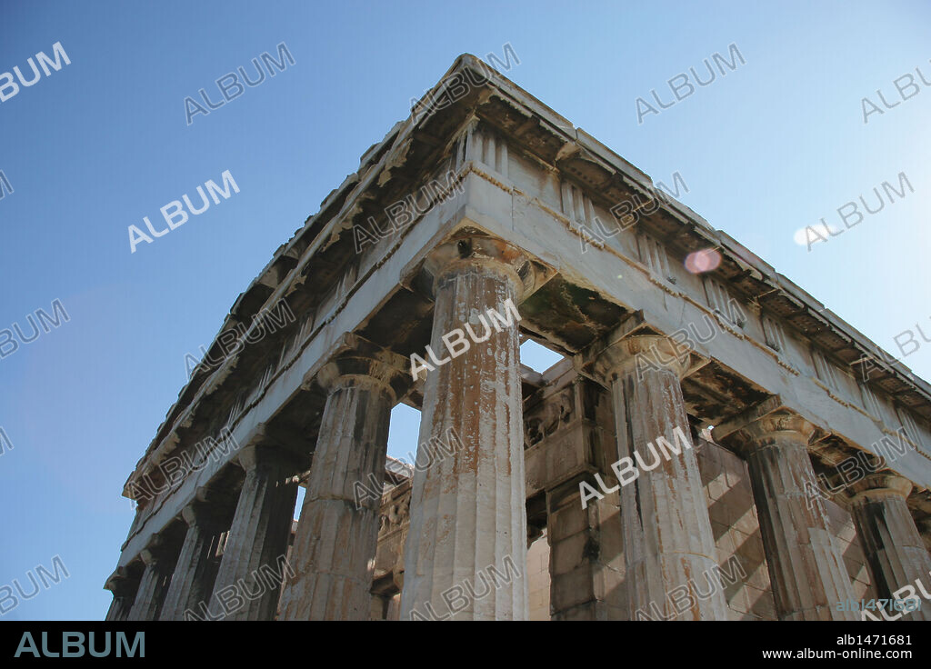 Greek Art. Temple of Hephaestus or Theseion. The doric temple, which stands at the western end of the Agora, on the hill of Agoraios Kolonos. Erected by the architect Ictinos (449-415 B.C.). Agora of Athens. Attica. Greece. Europe.