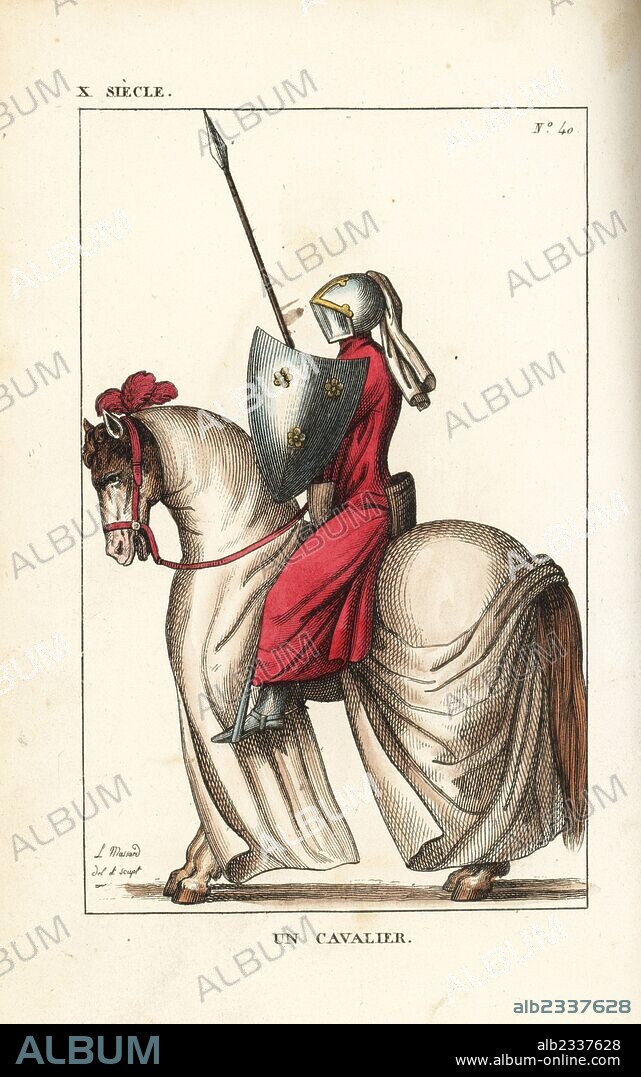 French cavalry knight in armour, 10th to 12th century. He wears a helmet and suit of armour covered with a long red tunic, and holds a buckler (shield) and lance. His horse is caparisoned and plumed. Handcoloured copperplate drawn and engraved by Leopold Massard from "French Costumes from King Clovis to Our Days," Massard, Mifliez, Paris, 1834.