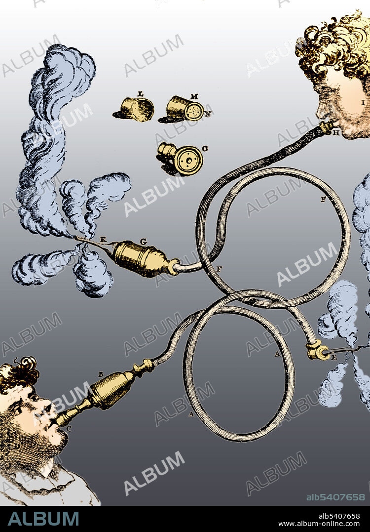 Clyster apparatus which uses tobacco smoke. An enema or clyster, is a fluid injected into the lower bowel by way of the rectum. The most frequent use of an enema is as a cleansing enema (also called a soapsuds enema) which is given to relieve constipation or for bowel cleansing before a medical examination or procedure. Etching from " La Presse medicale", 1903. Colorized.