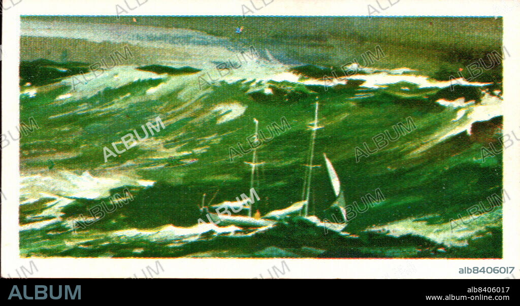 from a series of cards for Brooke Bond Tea; 1973; "Adventurers & Explorers", illustrated by John ; depicting illustrated colour image of Sir Francis Chichester (1901-1972), British; colour illustration of the Gypsy Moth IV off Cape Horn on her voyage around the world (A series of 50 cards, no. 44).