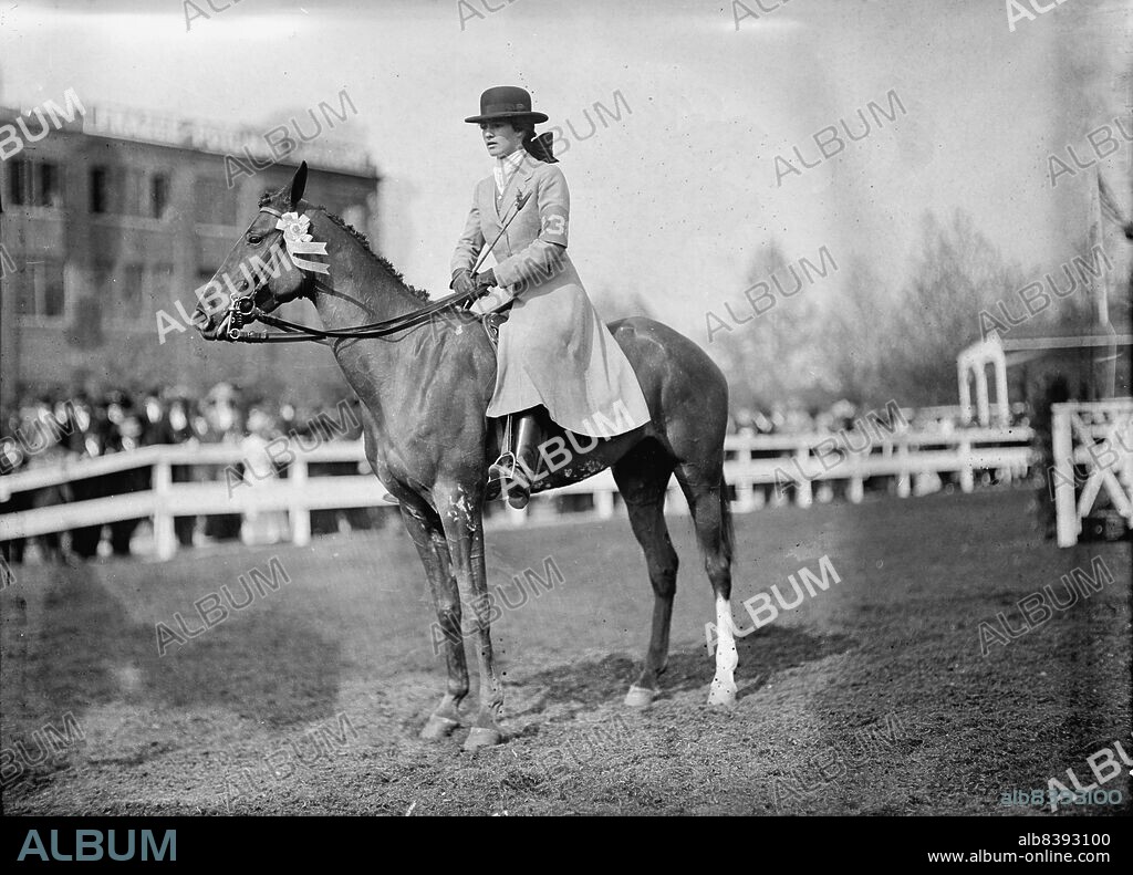 HARRIS & EWING. Martha Anne Scott Hazard At The National Capital Horse Show 1911, May 4-6. Building In Back Is Frazee Potomac Laundry, 18th Street And D Street, N.W., Washington, D.C. (Nw Corner), 1911.