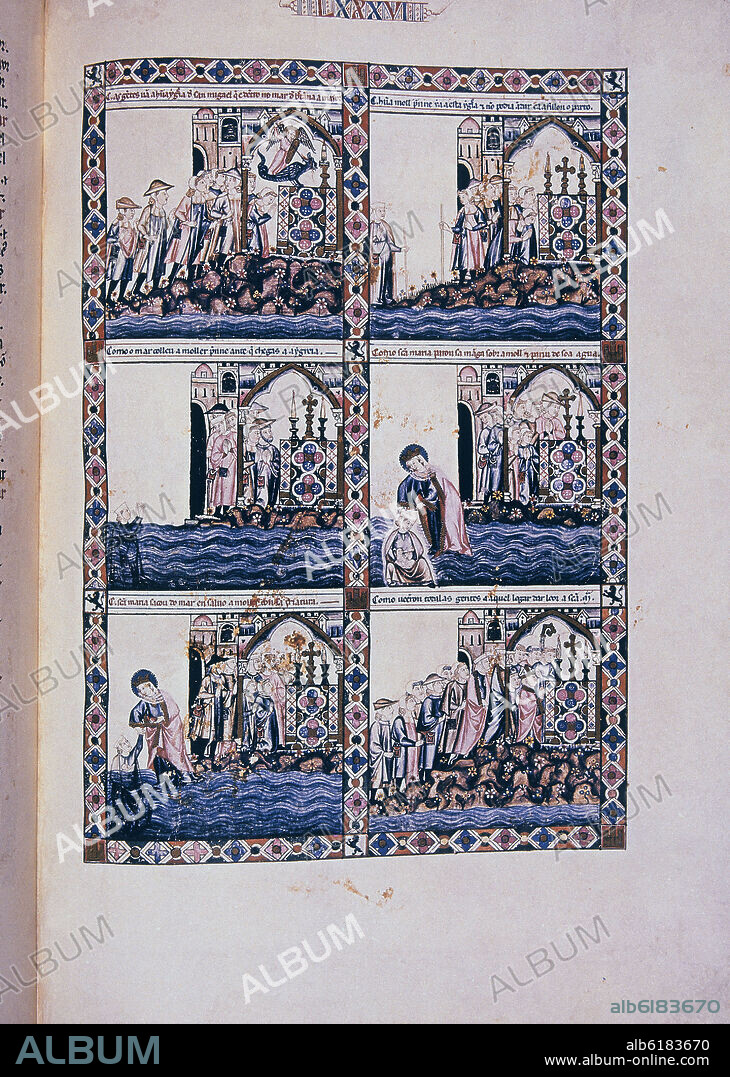 ALFONSO X DE CASTILLA EL SABIO. MTI1 - CANTIGA DE SANTA MARIA Nº 86 - F127R - SALVACION DE UNA MUJER PREÑADA QUE TIENE EL HIJO DENTRO DE LAS OLAS - SIGLO XIII.