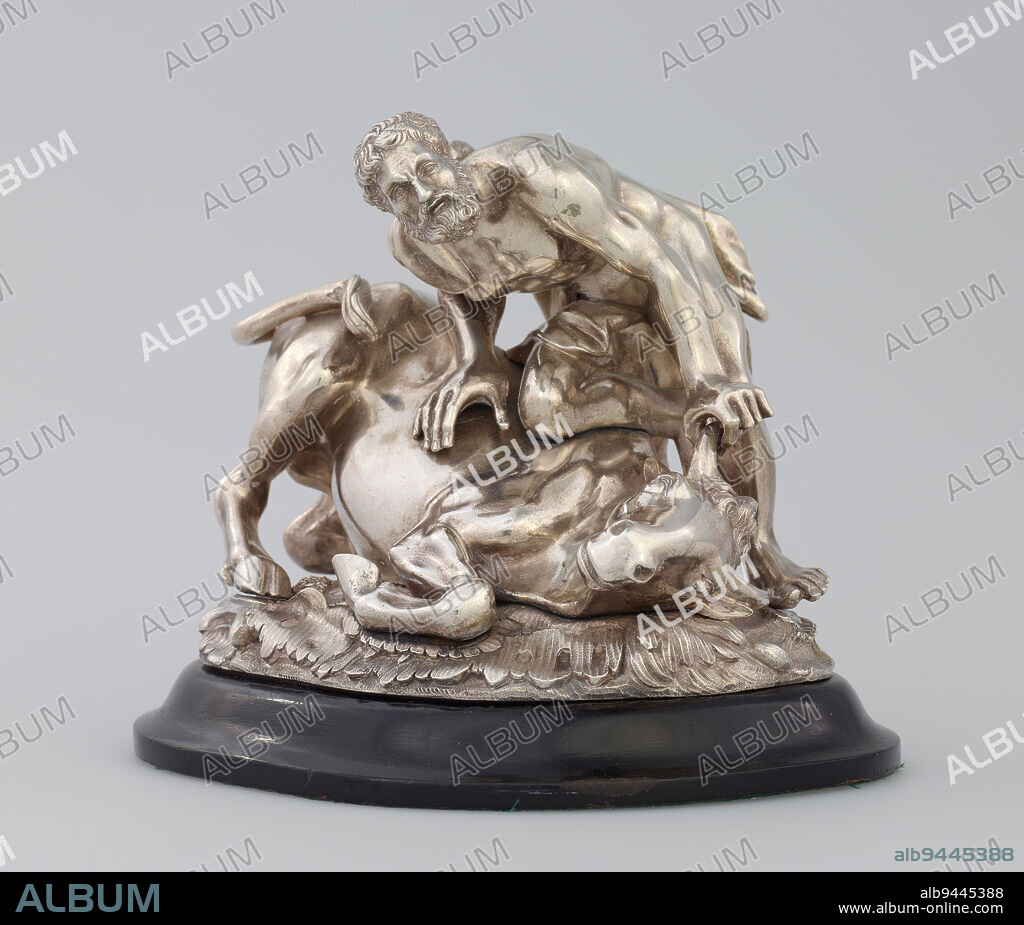 Hercules and the Bull, c. 1820, 5 9/16 x 7 x 5 1/16 in. (14.13 x 17.78 x 12.86 cm), Silver, England, 19th century, This small sculpture of Hercules' seventh Labour, the capturing of the Cretan Bull, was made by an unknown English silversmith in the early 19th century for Prince Augustus Frederick, Duke of Sussex (1773-1843). The only further known cast of this model is kept by Her Majesty the Queen at Buckingham Palace. Originally the silver sculpture would have served as an ornament for the dining table - a particularly appropriate subject whenever beef was served.