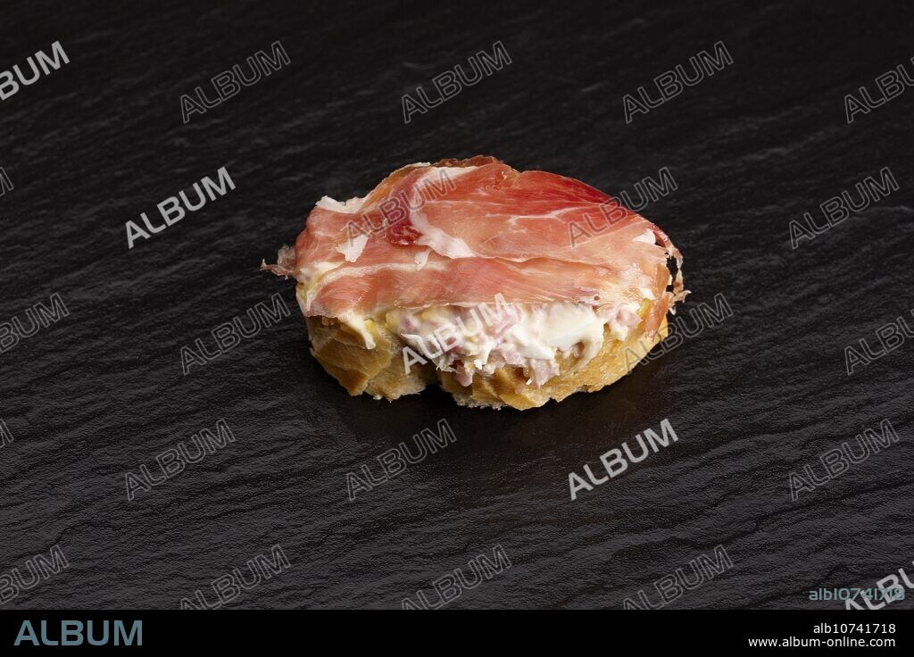 ´Pintxo´ of chatka and cured ham, Barakaldo, Bizkaia, Basque Country, Spain.
