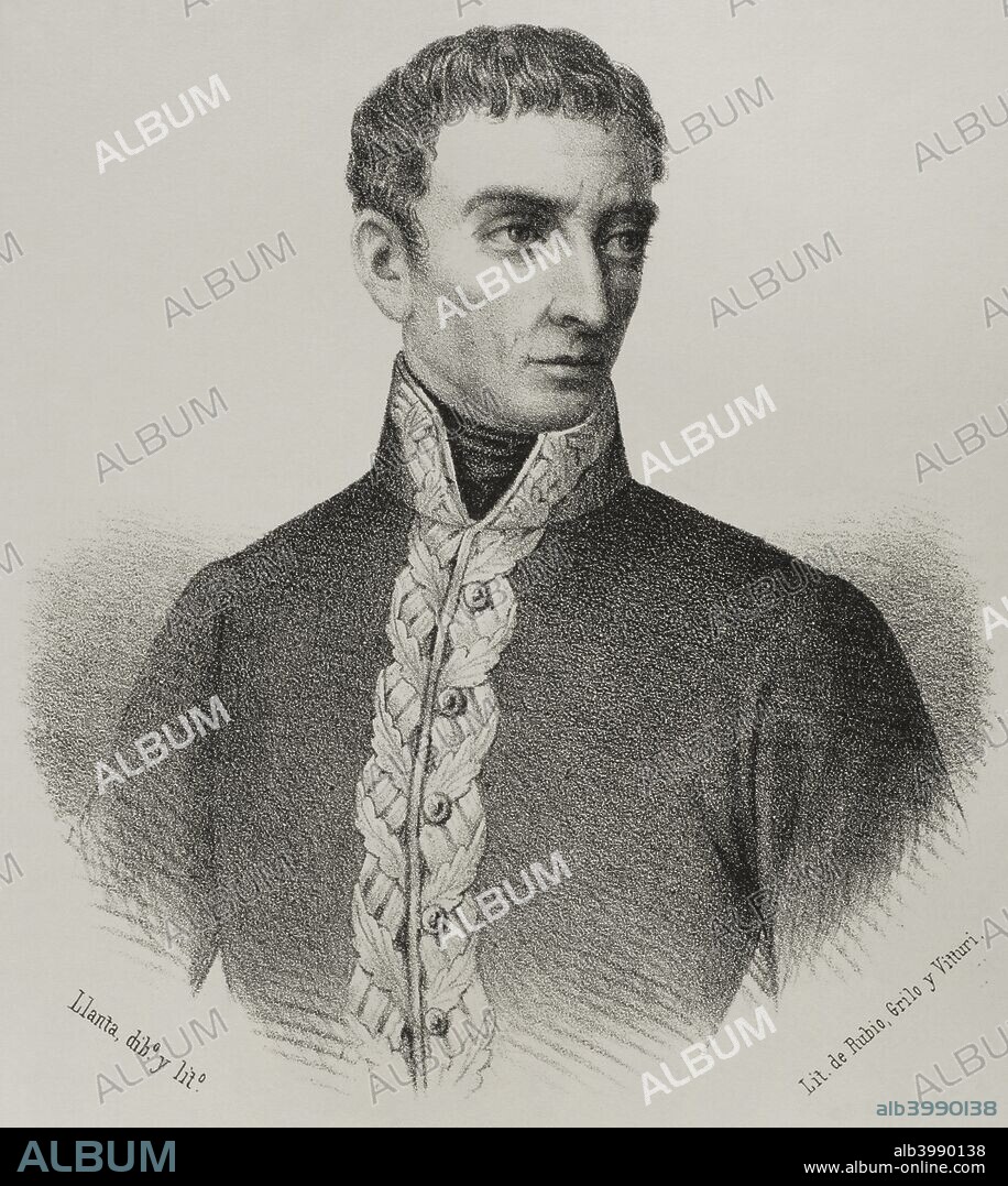 Joaquín Ibáñez Cuevas y de Valonga (1784-1825). Más conocido como el Barón de Eroles. Noble, político y militar español. Dibujo por Llanta. Litografía. Crónica General de España, Historia Ilustrada y Descriptiva de sus Provincias. Cataluña, 1866. Biblioteca Histórico Militar de Barcelona. Cataluña, España.