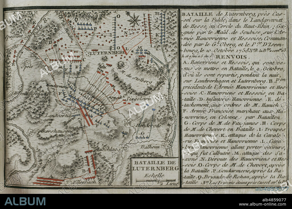 JEAN DE BEAURAIN (1696-1771). FRENCH GEOGRAPHER.. Seven Years War (1756-1763). Map of the Battle of Lutterberg (October 10, 1758). French troops, led by Prince Soubise, defeated a contingent of Hanoverian soldiers and Hessian mercenaries, commanded by General Christoph Ludwig von Oberg. Published in 1765 by the cartographer Jean de Beaurain (1696-1771) as an illustration of his Great Map of Germany, with the events that took place during the Seven Years War. Allied army in red and the French army in blue. Etching and engraving. French edition, 1765. Military Historical Library of Barcelona (Biblioteca Histórico Militar de Barcelona). Catalonia. Spain.