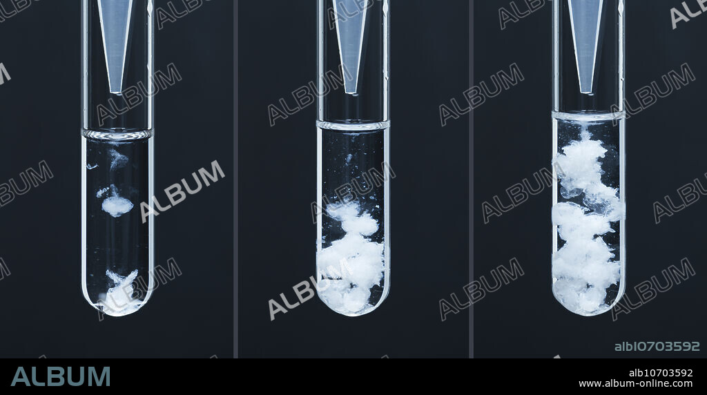 Barium carbonate precipitate. Barium carbonate (BaCO3) precipitate formed by adding barium chloride solution (BaCl2) drop by drop to sodium carbonate solution (Na2CO3). Both solutions are 0.5 M concentration. The reaction is Na2CO3 + BaCl2 -> BaCO3 + NaCl. This is an example of a double replacement reaction.