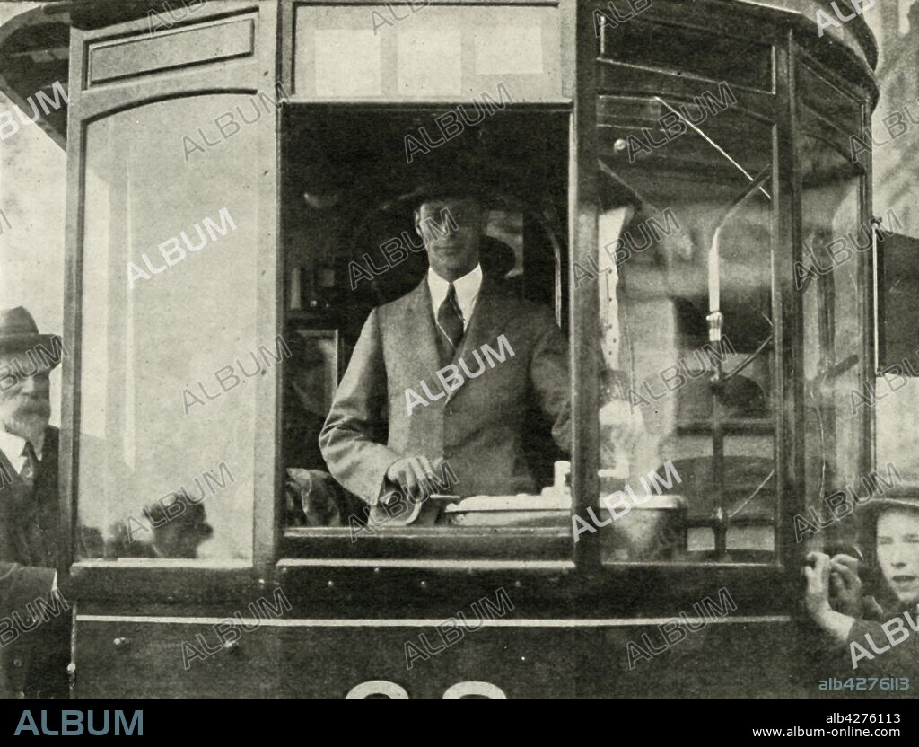 'His Majesty Driving A Tram Through The Streets Of Glasgow, After Opening The New Recreation Ground, 1924', 1937.  The Duke of York, (1920-1936) became King George VI on 11 December 1936. From "George VI, King and Emperor", by Major J. T. Gorman [W. & G. Foyle Ltd., London, 1937].