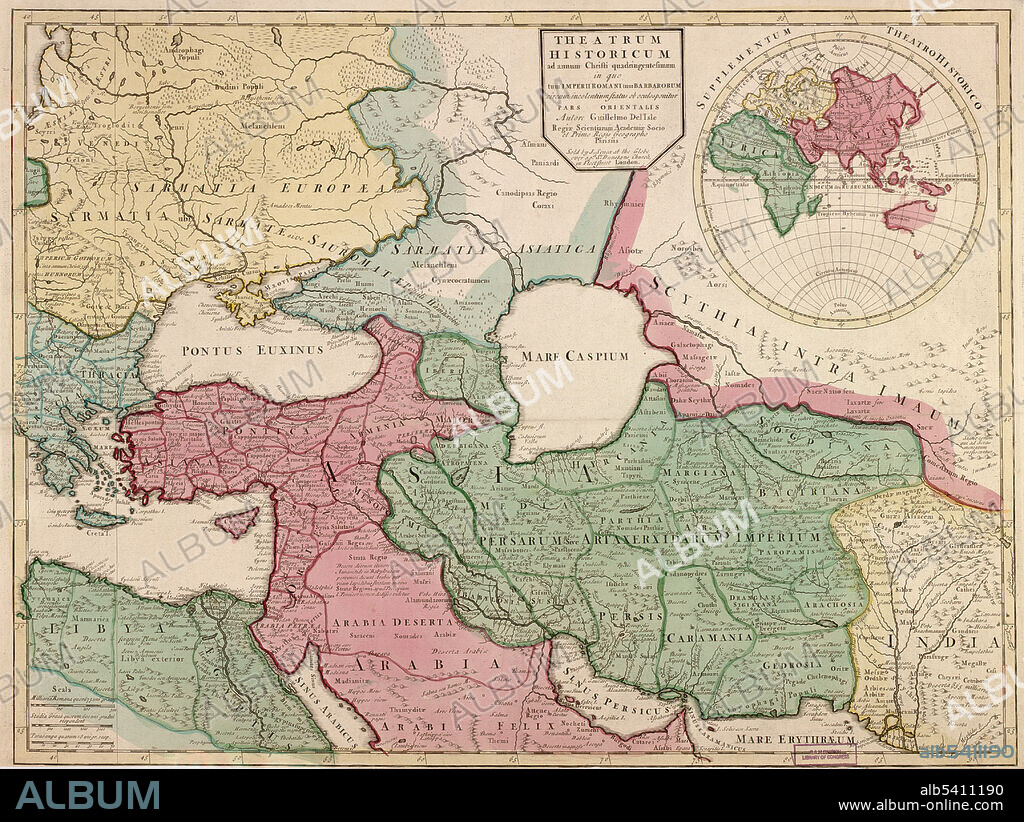 Theatrum historicum ad annum Christi quadringentesimum: in quo tum Imperii Romani tum Barbarorum circum incolentium status ob oculos ponitur pars orientalis. Inset map: Supplentum Theatro Historico, showing eastern hemisphere. Shows the eastern Roman Empire in 400 AD with boundaries, forests, settlements. Covers the Middle East from Libya and Greece to the Indus River. Guillaume Delisle (February 28, 1675, January 25, 1726) was a French cartographer known for his popular and accurate maps of Europe and the newly explored Americas. Like many cartographers of his day, Delisle did not travel with the explorers. He drew maps mostly in his office, relying on a variety of data. The quality of his maps depended on a solid network to provide him first-hand information. He also kept current with recent discoveries, especially in astronomy and measurement. When he could not confirm the accuracy of a source, he would indicate it clearly on his maps.