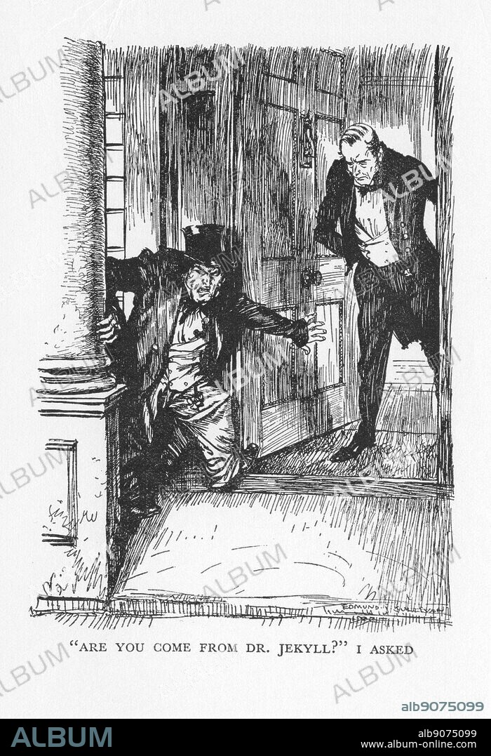 Robert Louis Stevenson 'The Strange Case of Dr Jekyll and Mr Hyde' first published 1886. Dr Lanyon opens his door at midnight to a small man in clothes too big for him: Mr Hyde. Illustration by Edmund J Sullivan, from an edition published 1928.