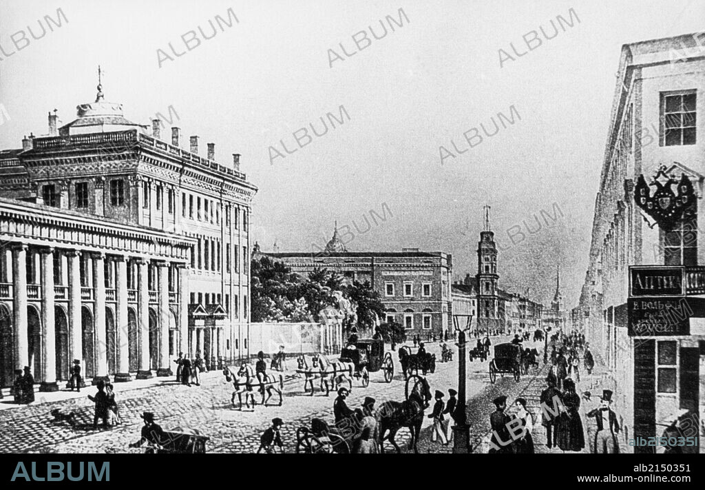 An old gravure of nevsky prospect in st, petersburg, russia, 1880s. 01/02/2013