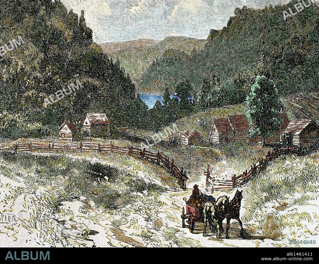 HISTORIA DE CANADA. Paisaje canadiense en el siglo XVIII, siendo colonia británica. Grabado coloreado del siglo XIX.