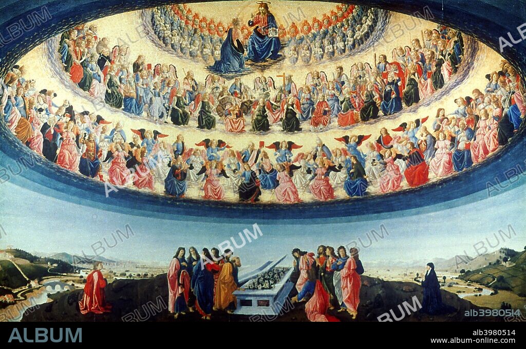 'The Assumption of the Virgin', c1475-1476. In the foreground the Apostles group around the Virgin's tomb full of Madonna lilies. At the top, Christ, enthroned amongst three circles of angels welcomes her into the highest circle of Heaven. Figures kneeling on the ground are Matteo Palmieri (left), a Florentine civil servant, and his wife Niccolosa (right). Originally the altarpiece in Palmieri's chapel in San Pier Maggiore, Florence, today the painting is in the National Gallery, London.