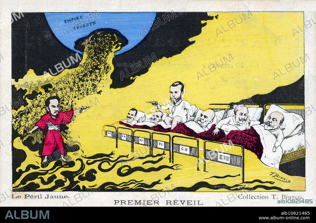 [ 1900s Japan - Russo-Japanese War, Satirical Cartoon ] Yellow Peril-The First Awakening: a cartoon ca 1904-05 by satirical illustrator T. Bianco commenting on the Russo-Japanese War (1904-1905). The image warns of what was seen as the dangers of the Yellow Peril. On the left is Emperor Meiji of Japan pointing a gun at Tsar Nicholas II of Russia who has awaken to the danger. Other Western leaders are sleeping, unaware of the menace thats encroaching upon them. 20th century vintage postcard.