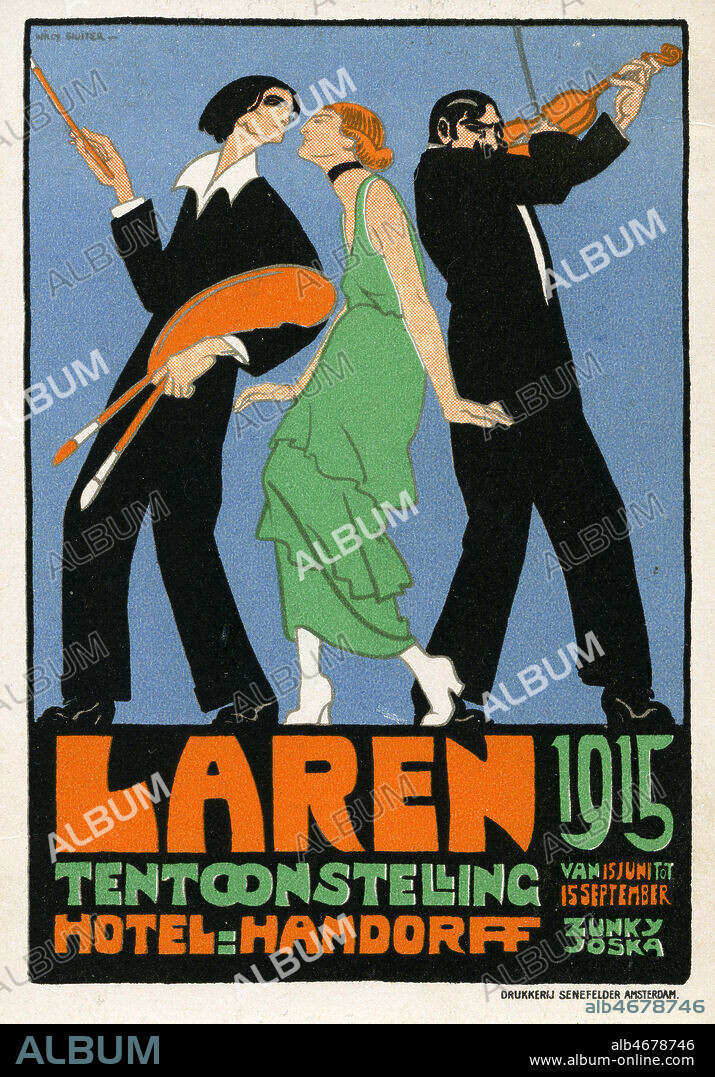 'Laren tentoonstelling, hotel Hamdorff' : une femme entre un peintre et un violoniste. Carte postale publicitaire allemande de 1915. Illustration Willy SLUITER (1873-1949). Credit : Collection IM/KHARBINE-TAPABOR.