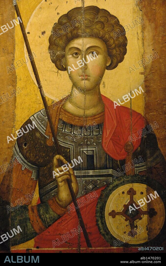 ARTE BIZANTINO. GRECIA. ICONO con SAN JORGE realizado por el taller de Constantinopla, apoyado por la nobleza. Fechado en el siglo XIV. Museo Bizantino. Atenas.