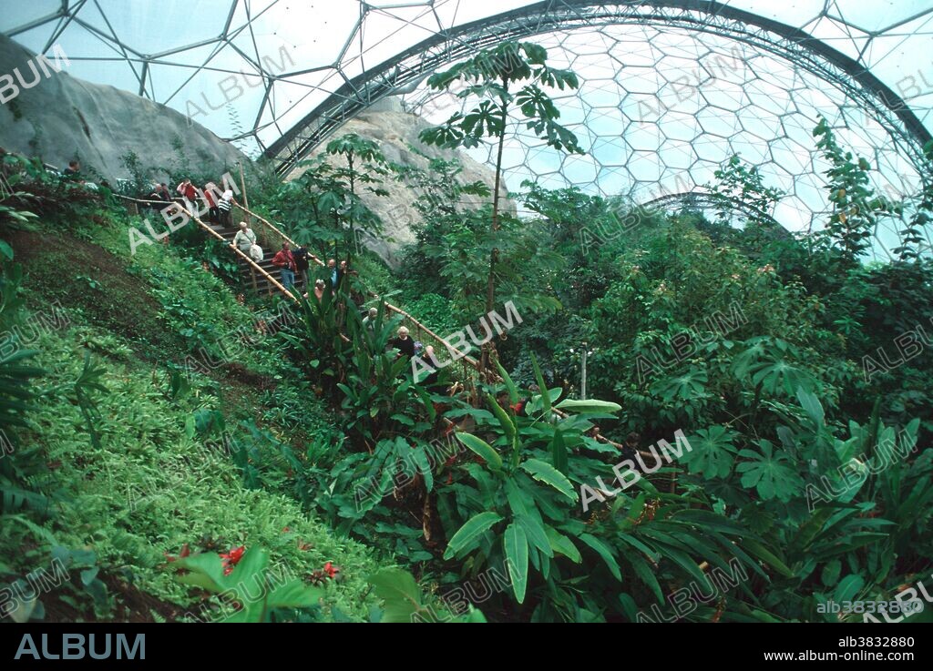 Humid Tropics Biome in The Eden Project: greenhouses built in old quarry at St. Austell, Cornwall, UK.