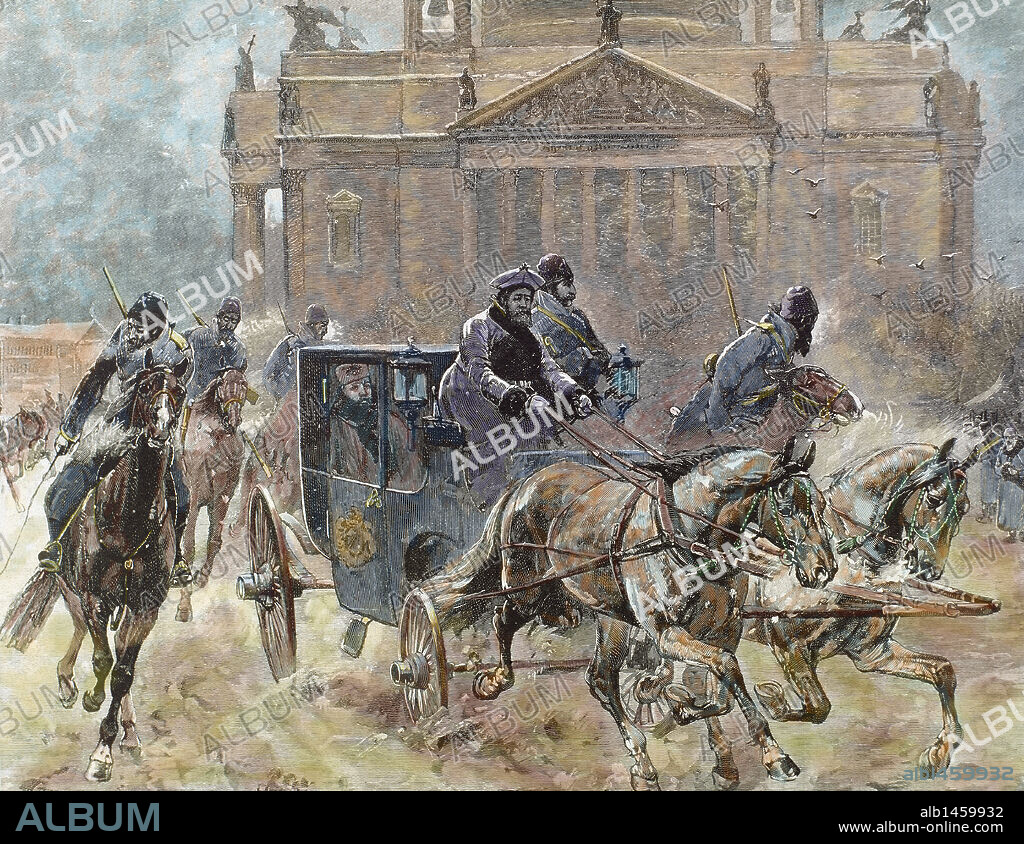 ALEJANDRO III DE RUSIA (San Petersburgo, 1845Livadija, 1894). Zar de Rusia (1881-1894), hijo y sucesor de Alejandro II. Grabado coloreado del s. XIX que representa "EL DIA DE PASCUA EN SAN PETERSBURGO. EL ZAR ALEJANDRO III DIRIGIENDOSE A LA IGLESIA".