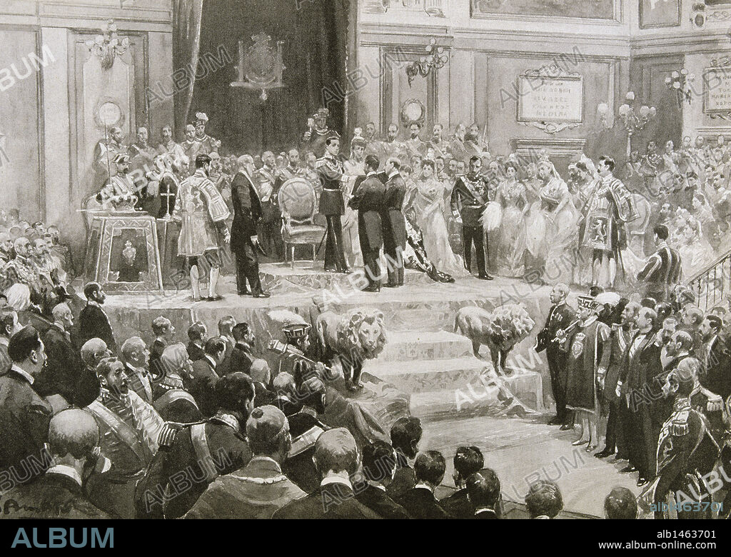 ALFONSO XIII (1886-1941). Rey de España (1886-1931). "EL REY JURA LA CONSTITUCION EN LAS CORTES EN EL AÑO 1902". 'L'Illustration' (24 de mayo de 1902) .